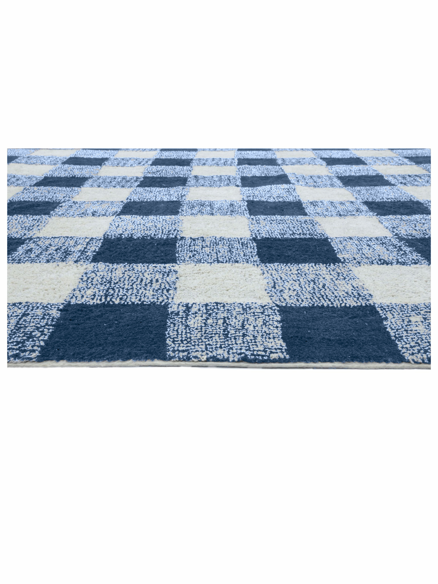 Checkered rug with blue and white pattern on a white background