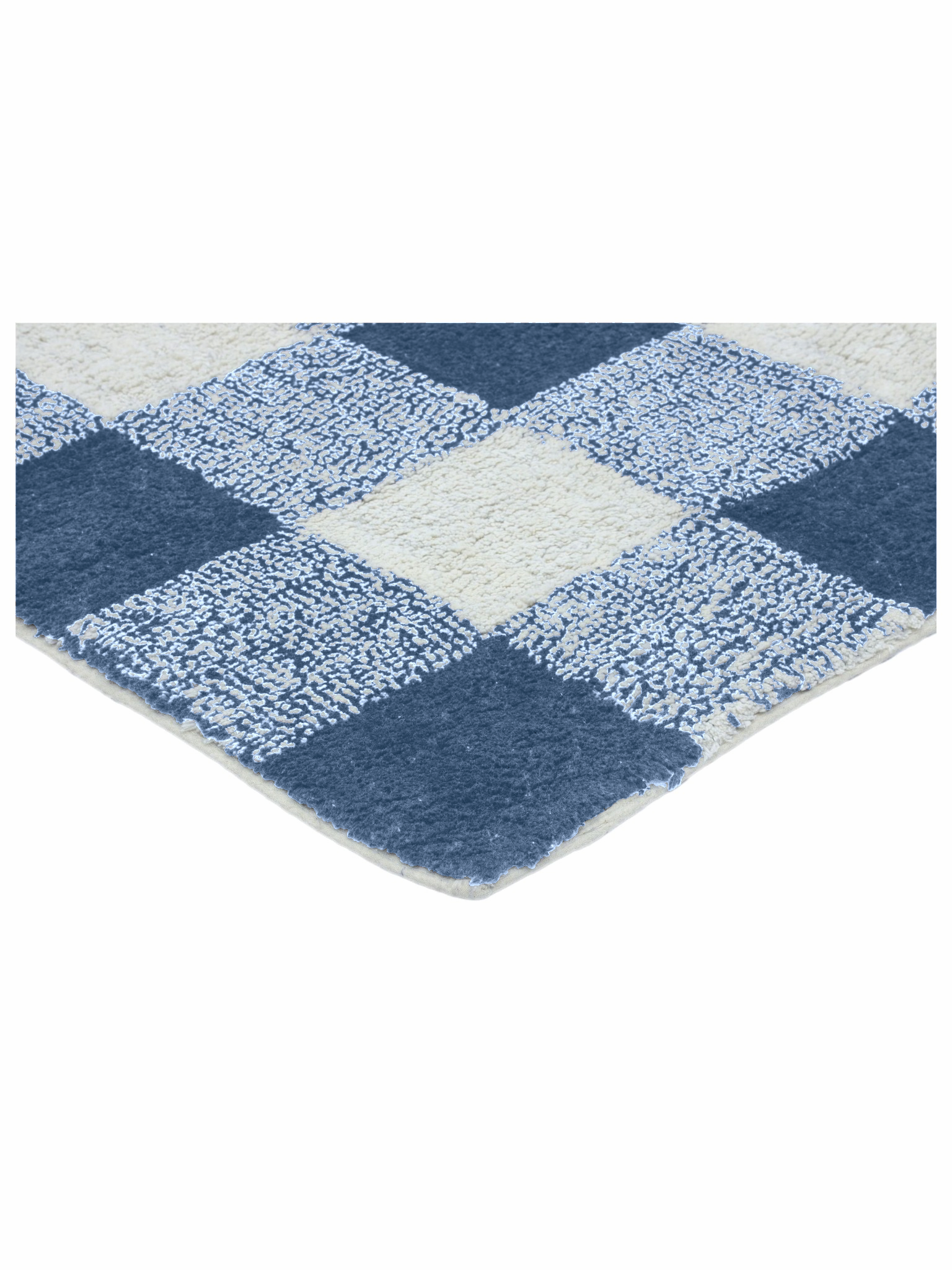 Blue and white checkered rug on a white background