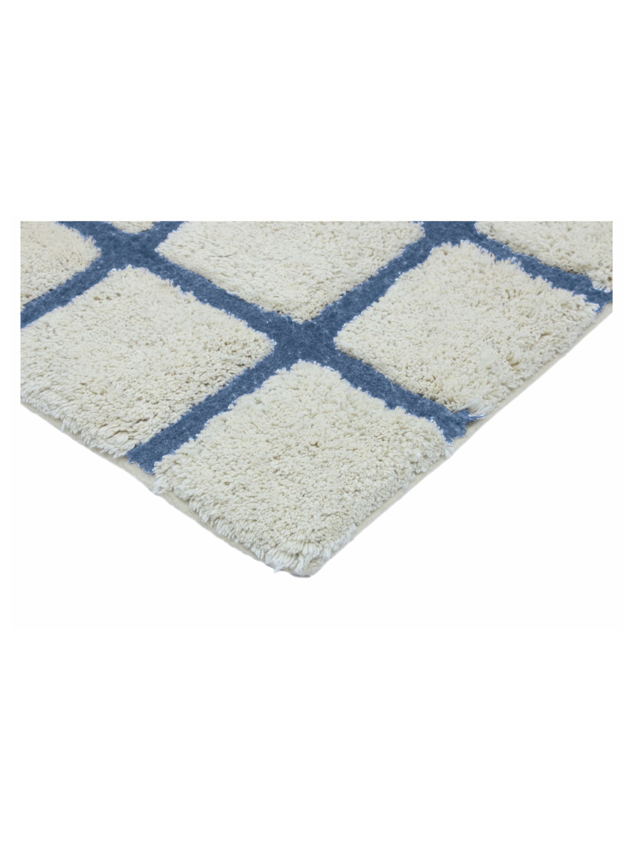 White rug with blue geometric pattern on a white background