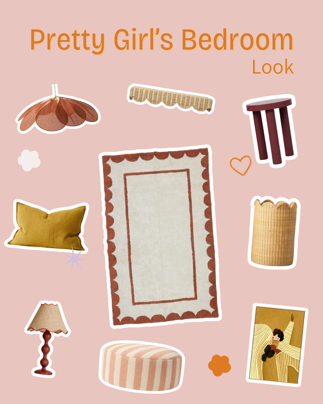 Stylized illustrations of bedroom furniture and decor on a pink background with 'Pretty Girl's Bedroom Look' text.