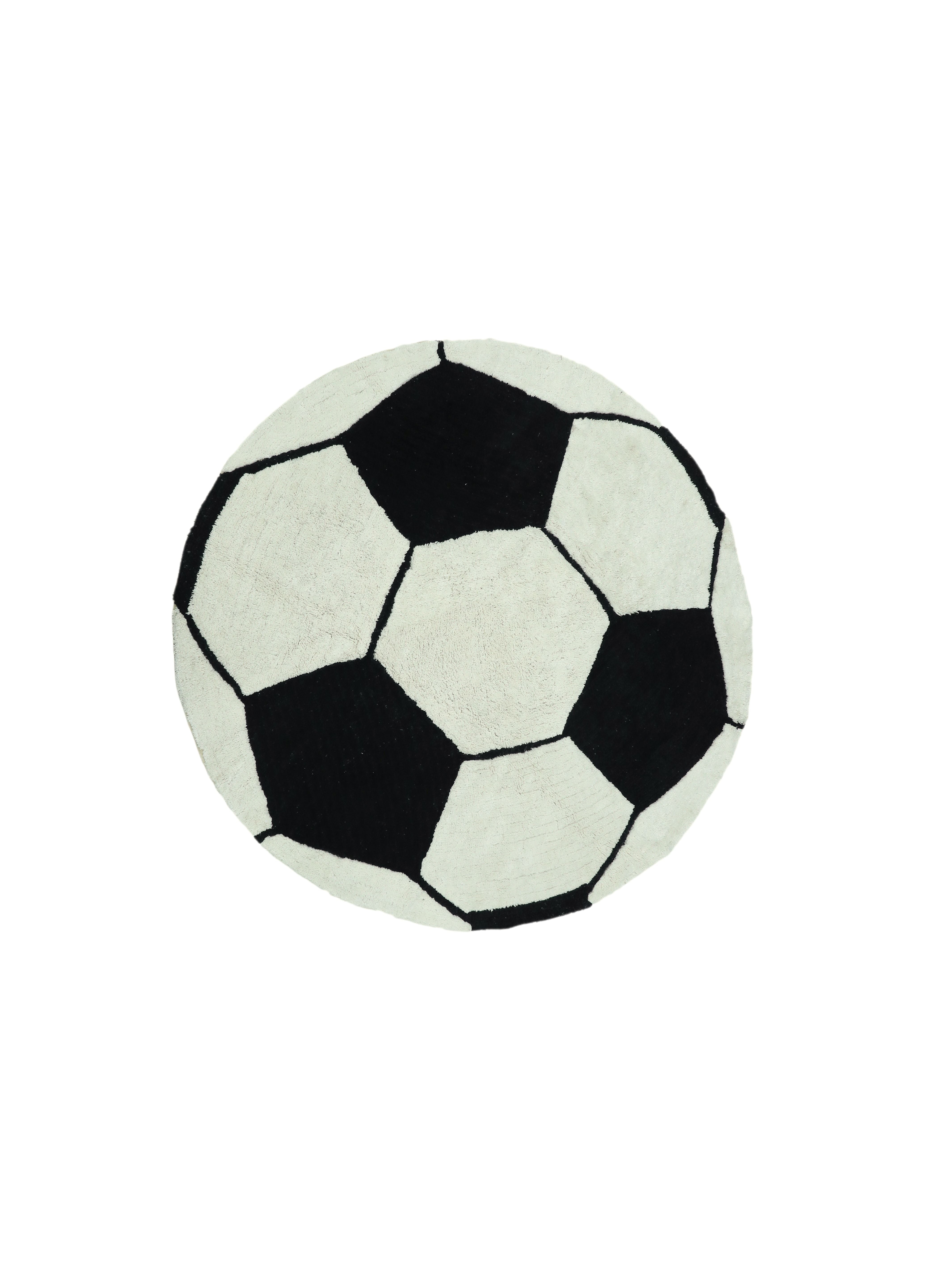 Round rug with a soccer ball pattern on a white background
