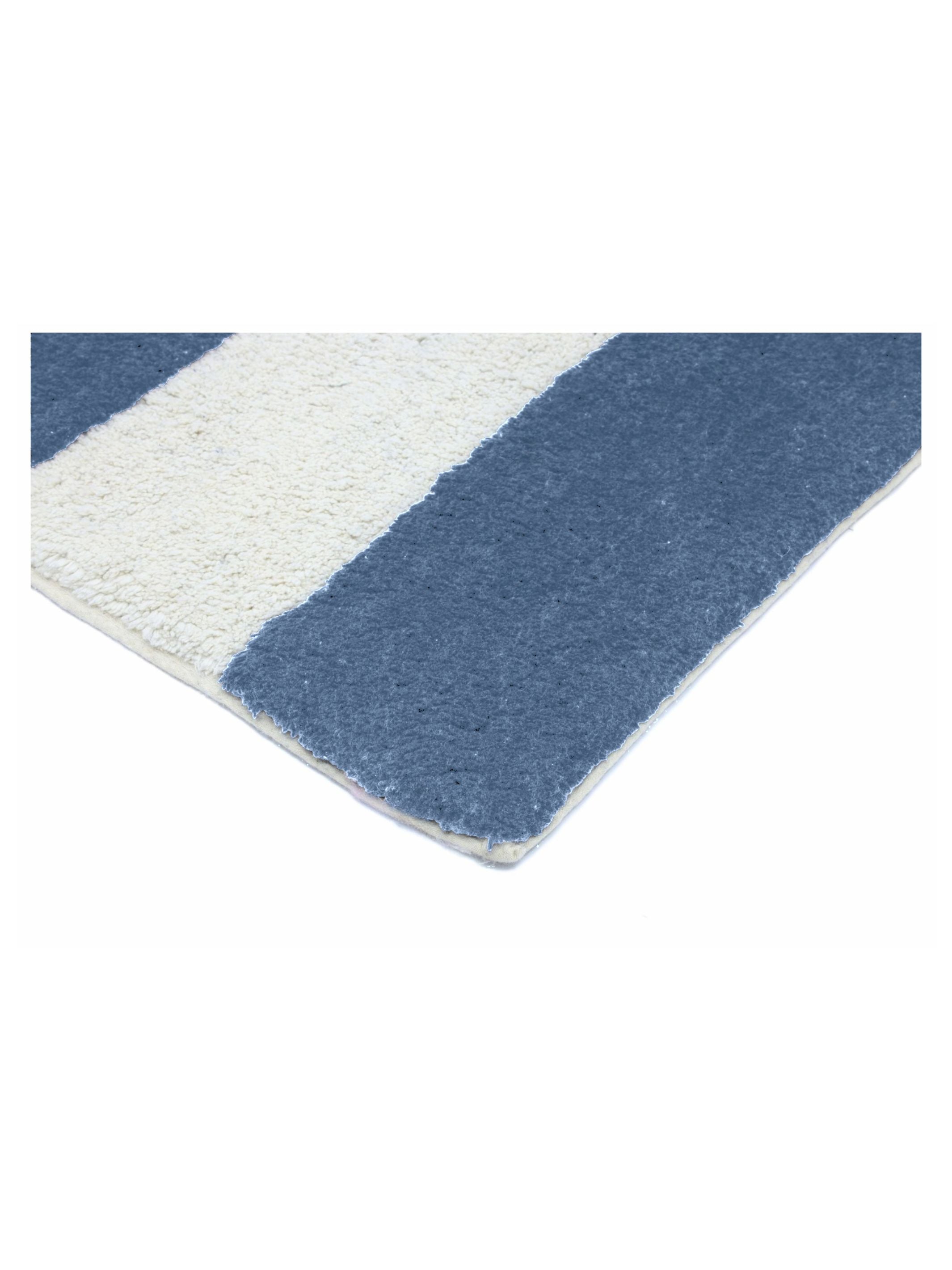 Rectangular rug with blue and white stripes on a white background