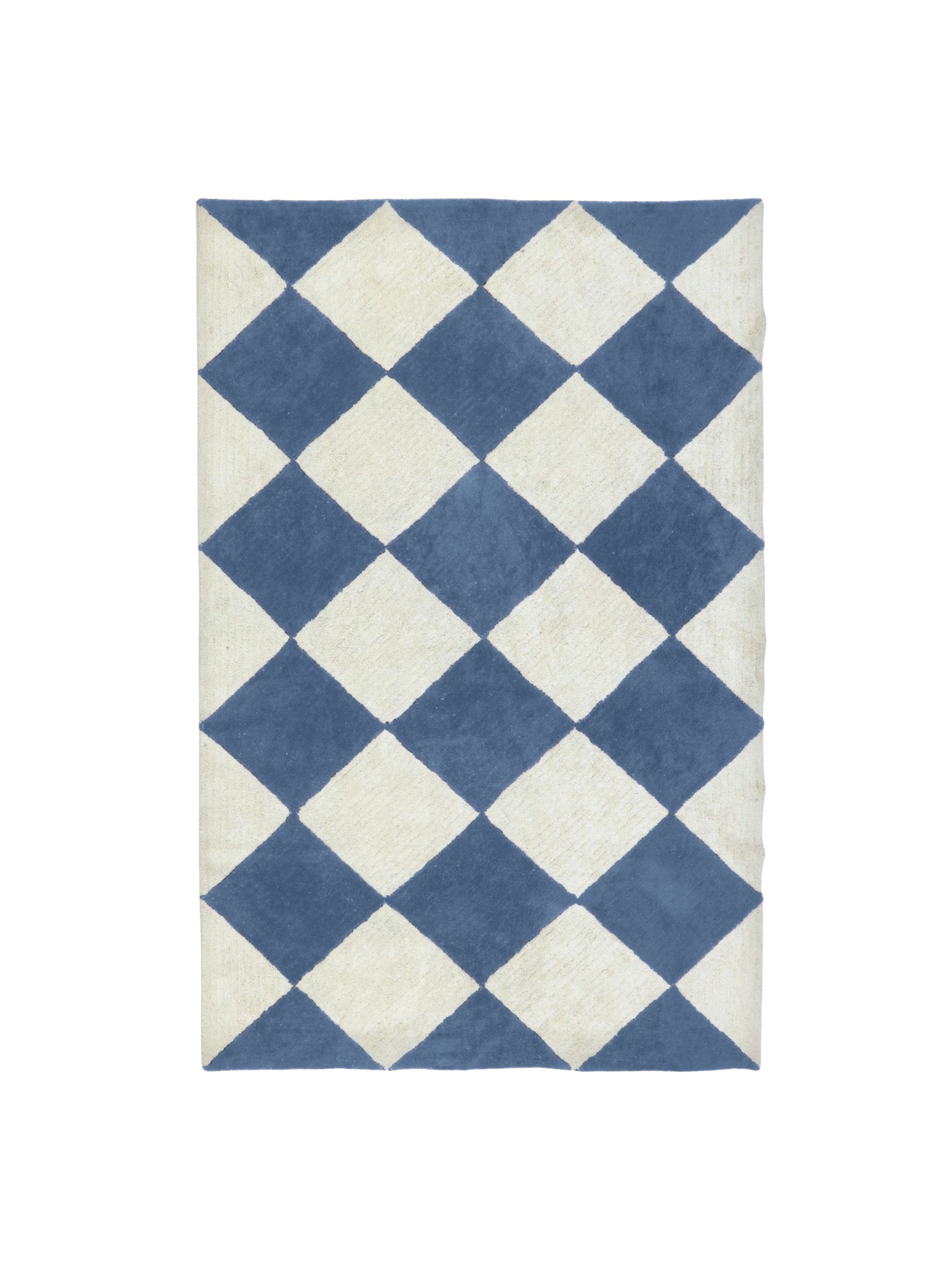 Blue and white checkered rug on a white background