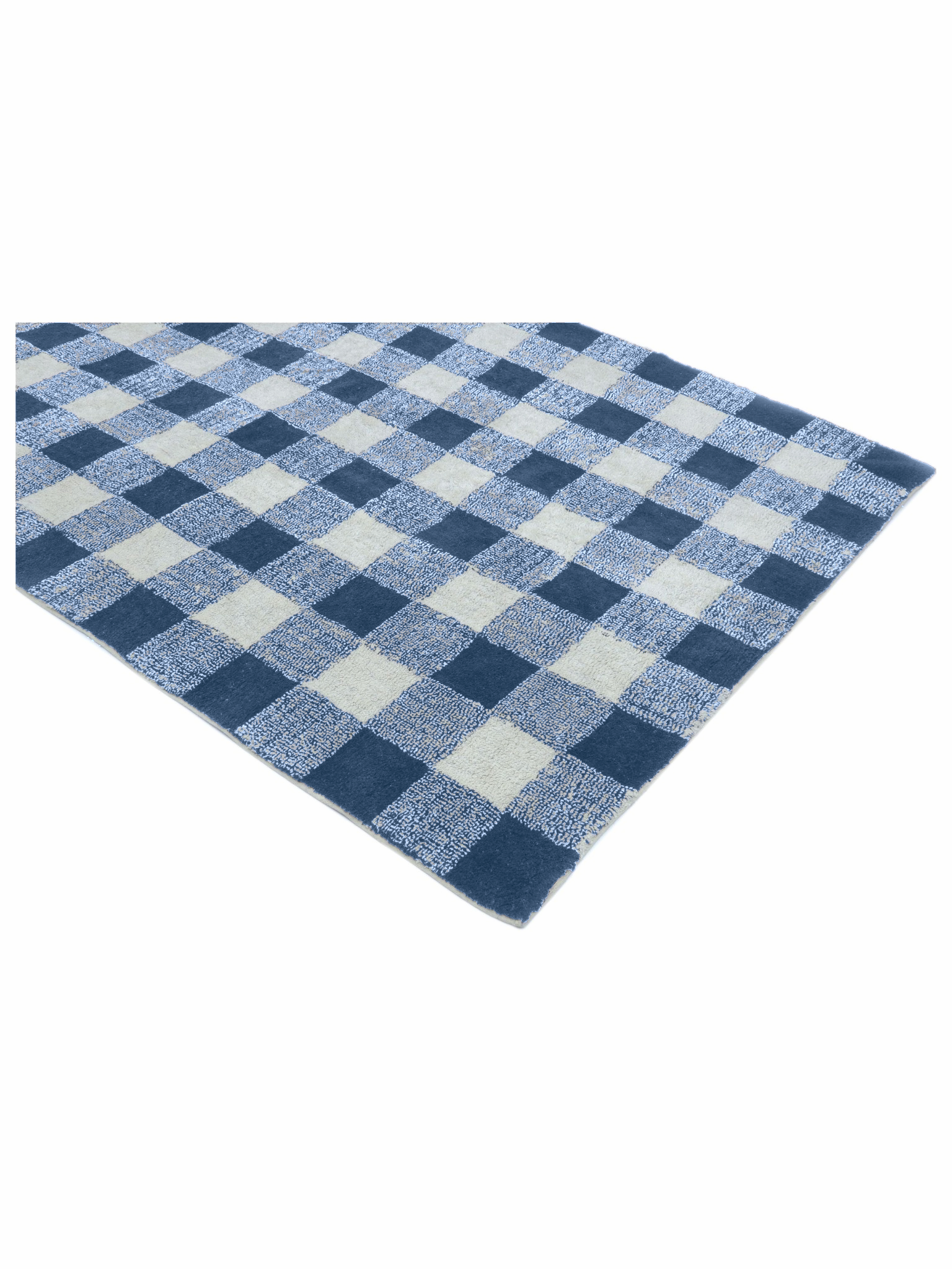 Blue and white checkered rug on a white background
