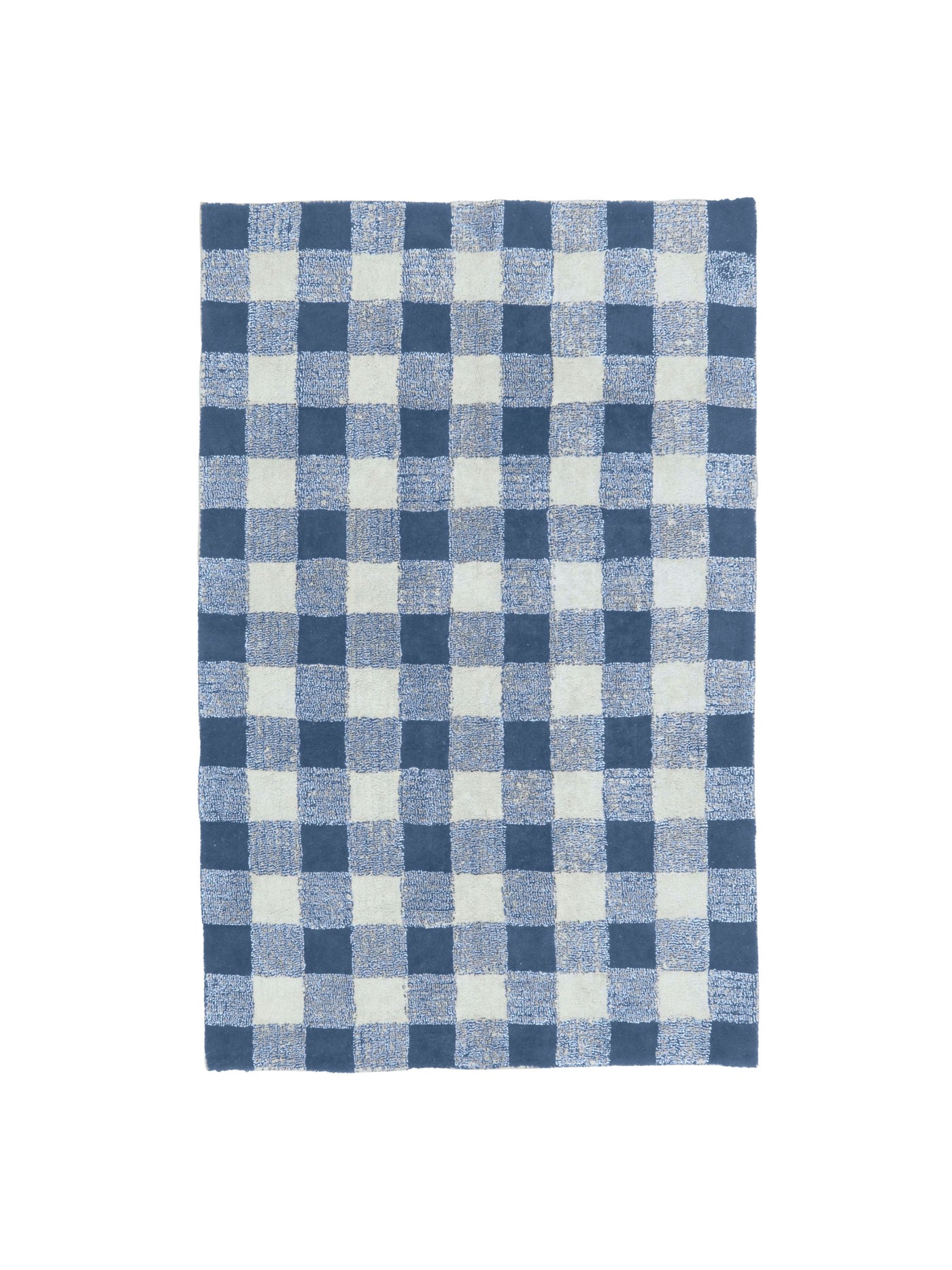 Blue and white checkered rug on a white background