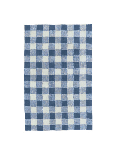 Blue and white checkered rug on a white background