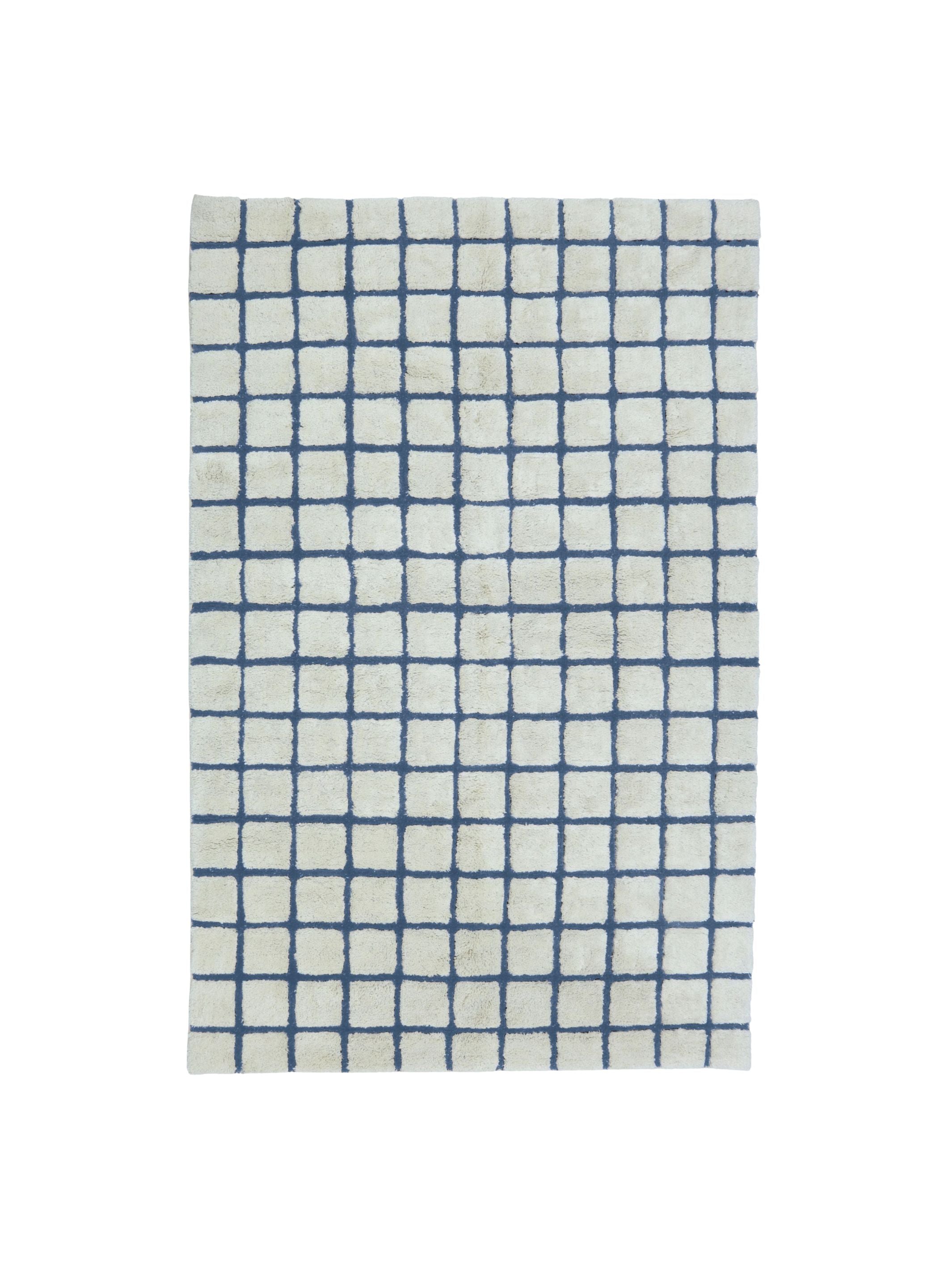 Rug with blue grid pattern on a white background