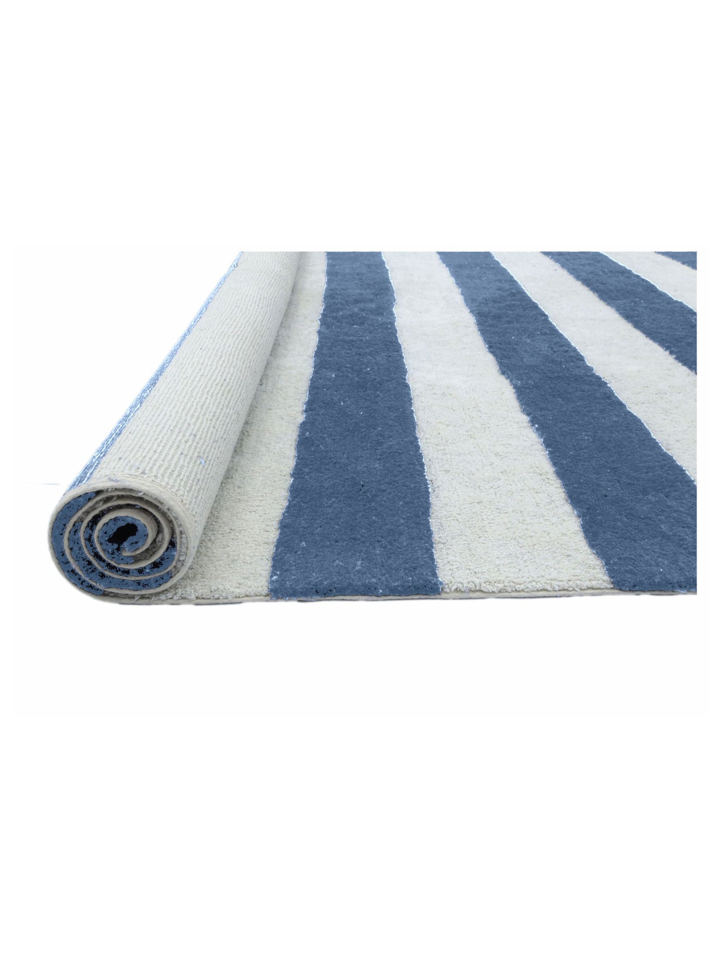 Rolled-up blue and white striped rug on a white background