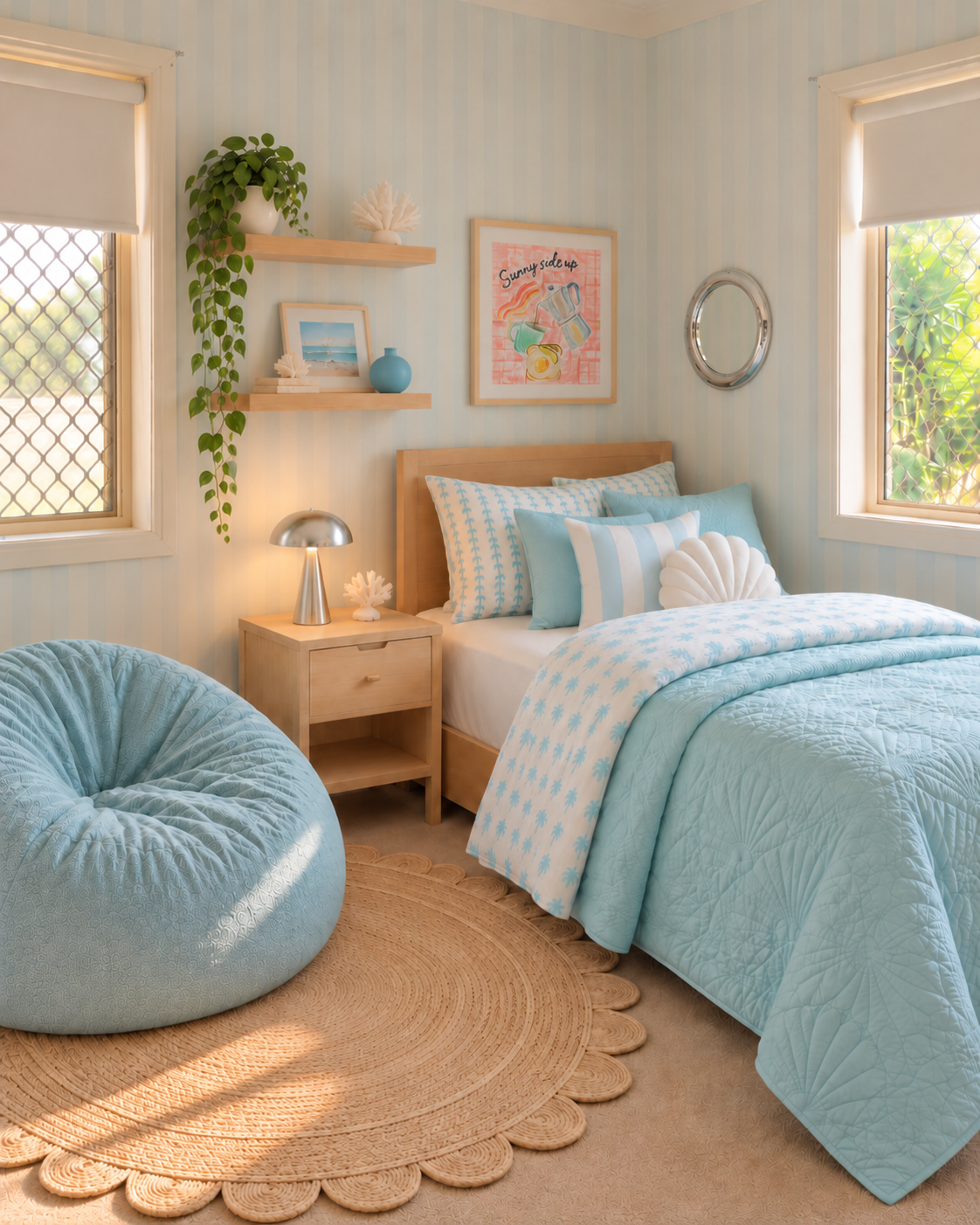 Proposed coastal bedroom after styling. AI assisted design illustration.
