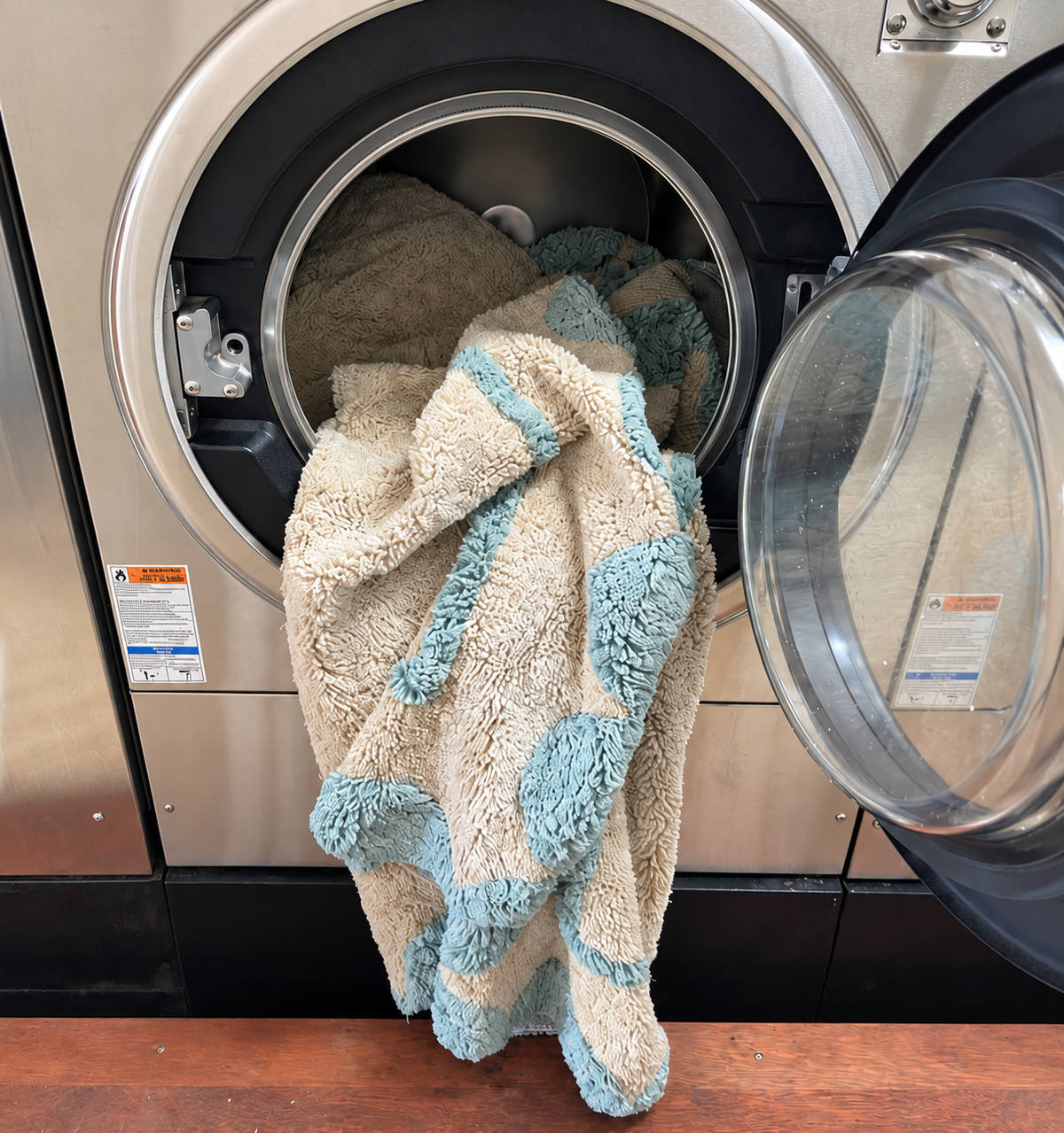 Cream and blue cotton rug in an open commercial washing machine
