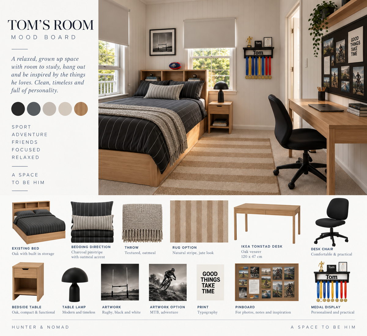 Proposed bedroom design board with an AI assisted room visual and selected furniture and accessories